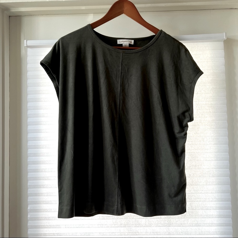 Coldwater Creek suede touch tshirt blouse gray olive
